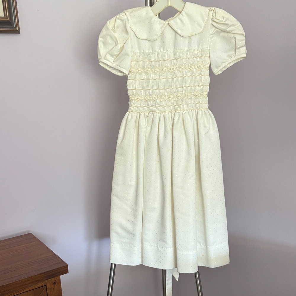 Cream Smocked Peter Pan Dress with Puff Sleeves